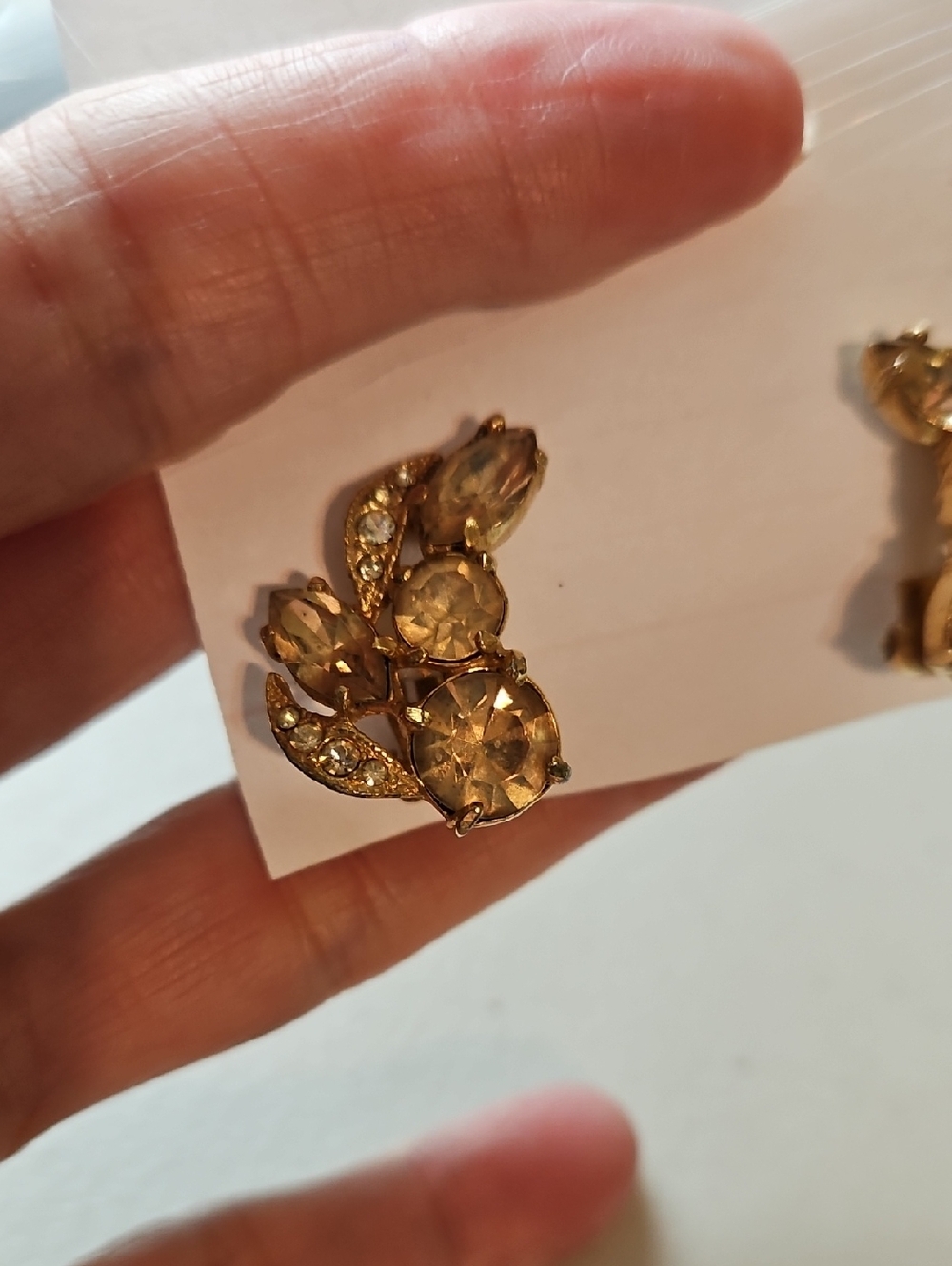 EISENBERG ICE Gold Tone Champagne and Clear Rhinestone Curved Clip Earrings - Picture 5 of 7